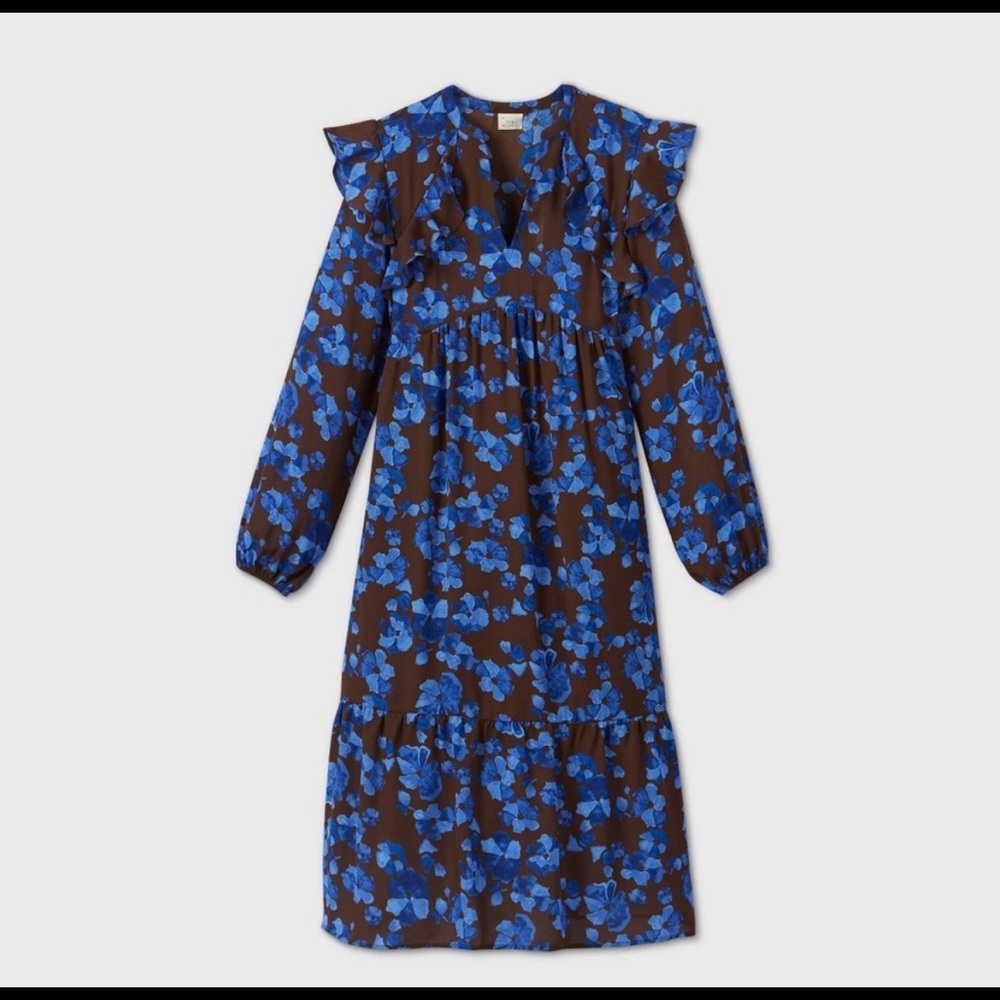 A New Day Blue Brown Floral Ruffle Dress